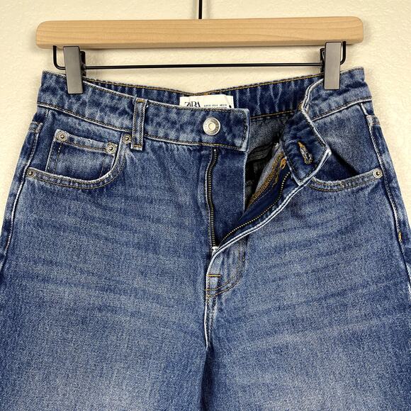 Zara High Waist Culottes Jeans Blue Size 4 Raw Hem Medium Wash Cotton Casual - Picture 7 of 13